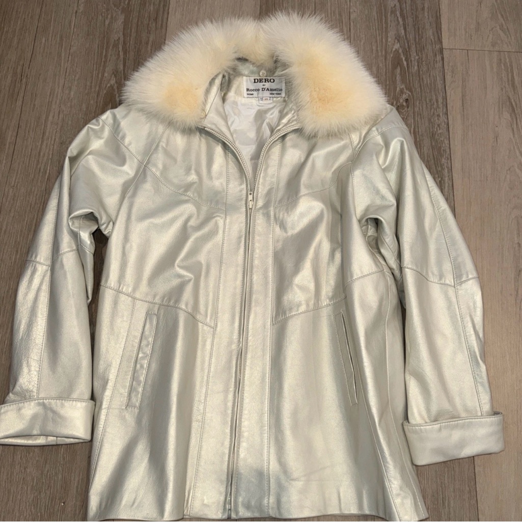 Rocco D'amelio Silver Leather Jacket With Cream Fur Collar Small **Fits Like M/L